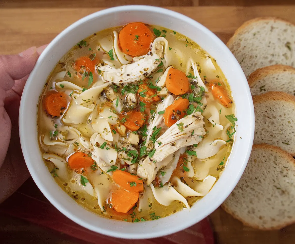 A steaming bowl of Grandma’s Chicken Noodle Soup with tender chicken, hearty noodles, and fresh vegetables, served in a cozy bowl on a rustic wooden table.