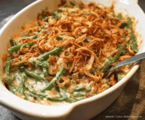 Creamy green bean casserole topped with crispy fried onions, served in a baking dish, perfect for holiday dinners.