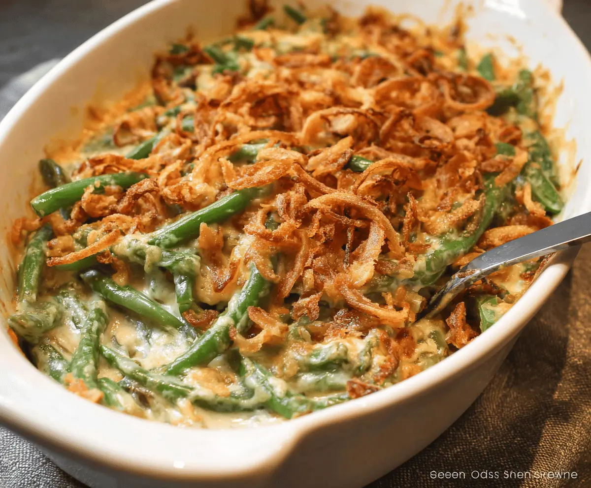 Creamy green bean casserole topped with crispy fried onions, served in a baking dish, perfect for holiday dinners.