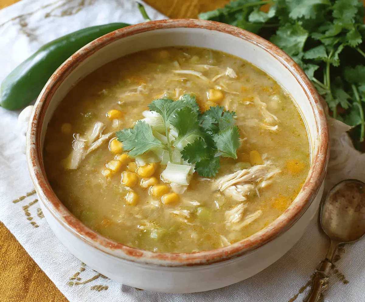 A bowl of flavorful green chile chicken soup garnished with fresh herbs, cheese, and slices of lime, served with a spoon on a rustic wooden table.