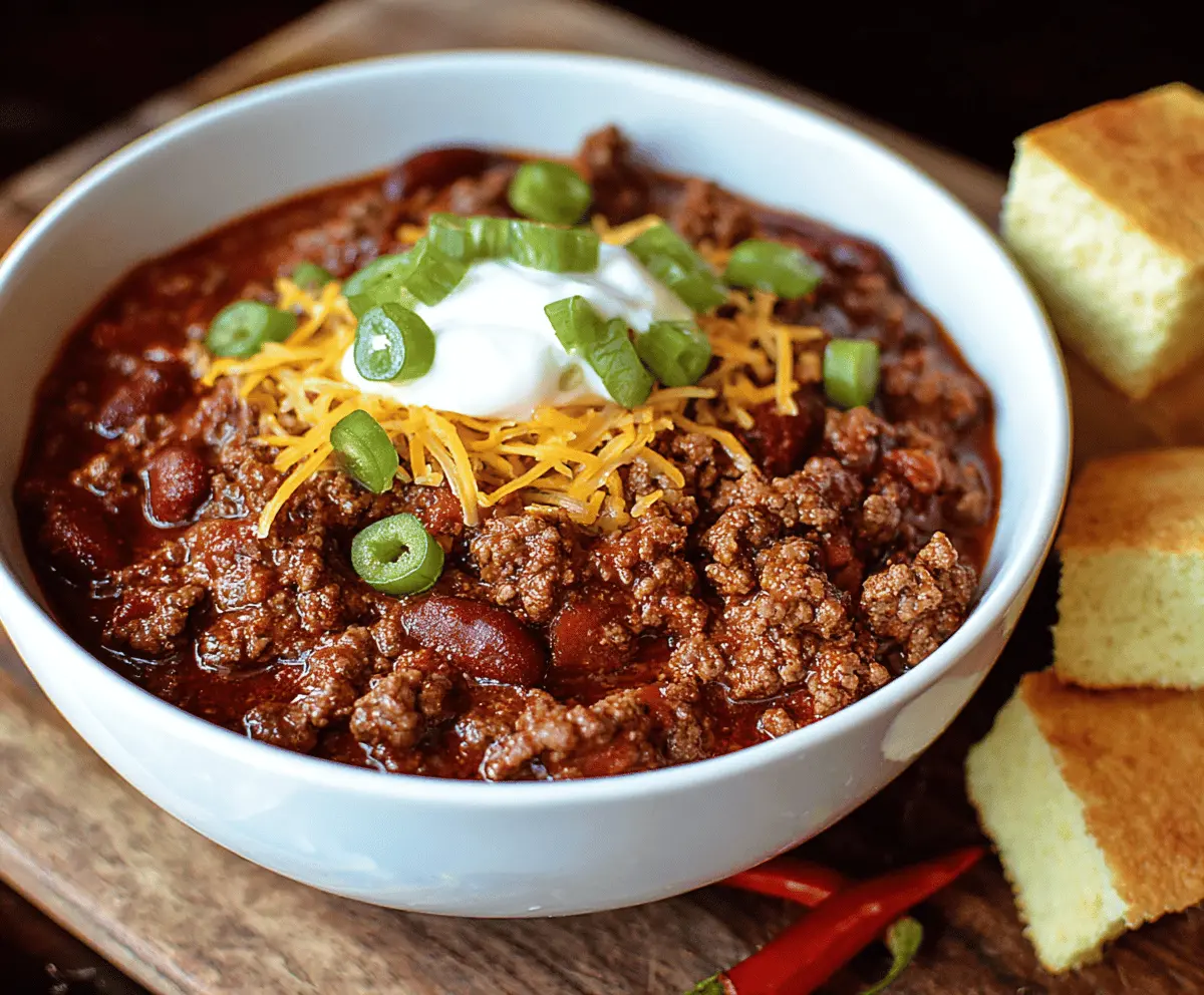 Savory bowl of homemade ground beef chili topped with shredded cheese and fresh cilantro, served with cornbread on the side.