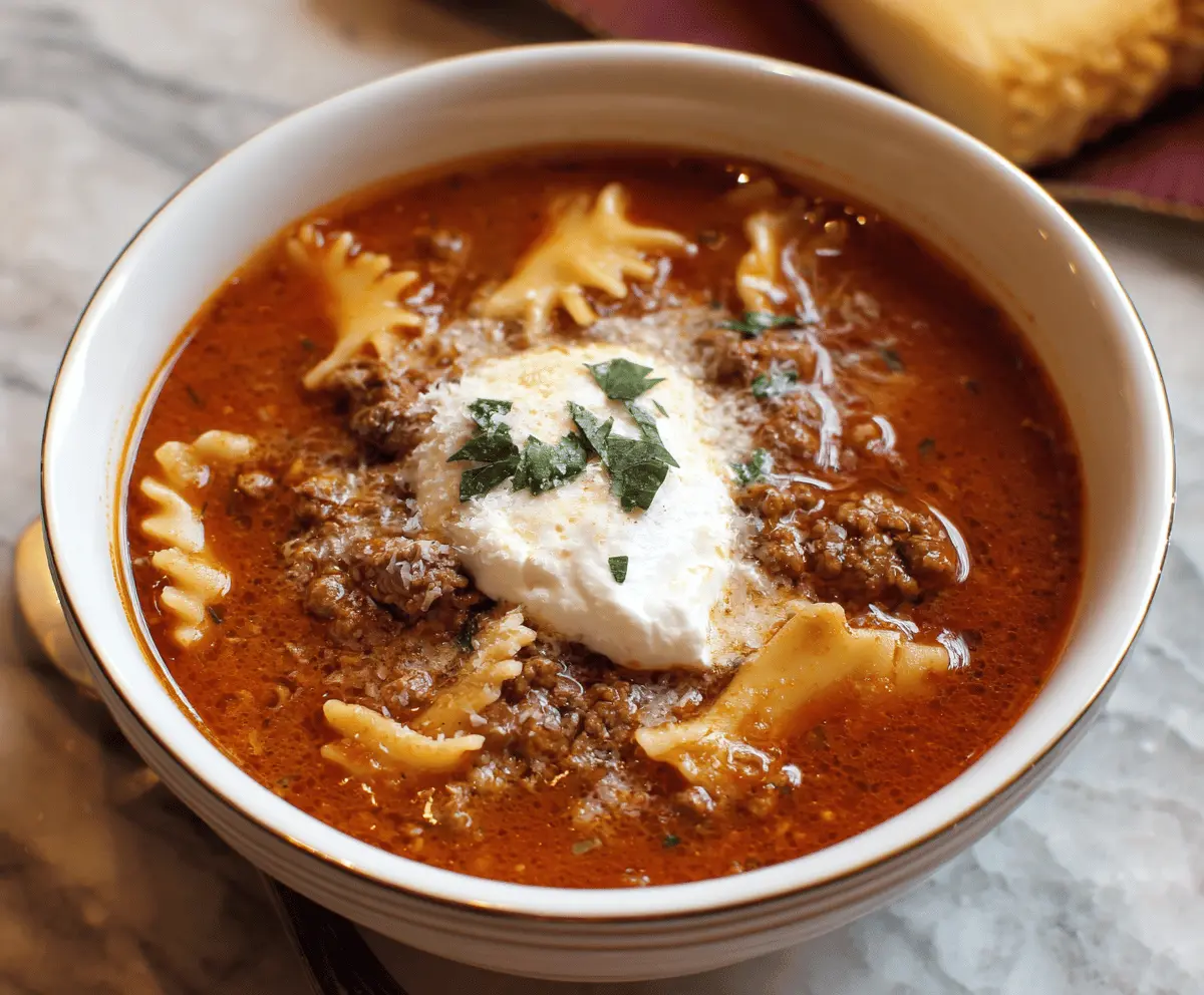 Delicious Ground Beef Lasagna Soup served in a bowl with melted cheese, fresh basil, and pasta noodles, perfect for a hearty Italian-inspired meal