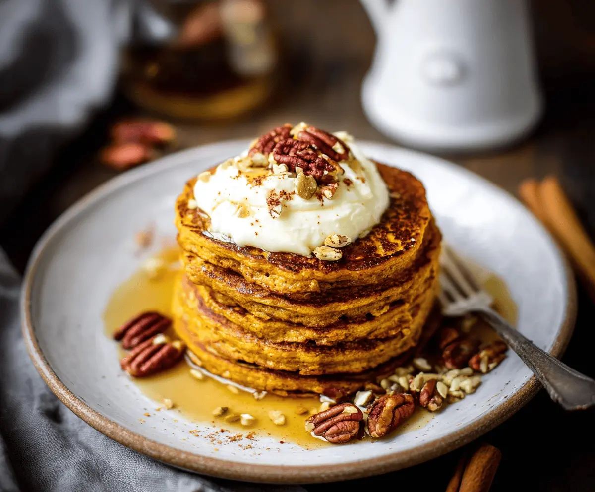 Fluffy and healthy pumpkin pancakes topped with maple syrup and cinnamon, served on a white plate for a nutritious breakfast.
