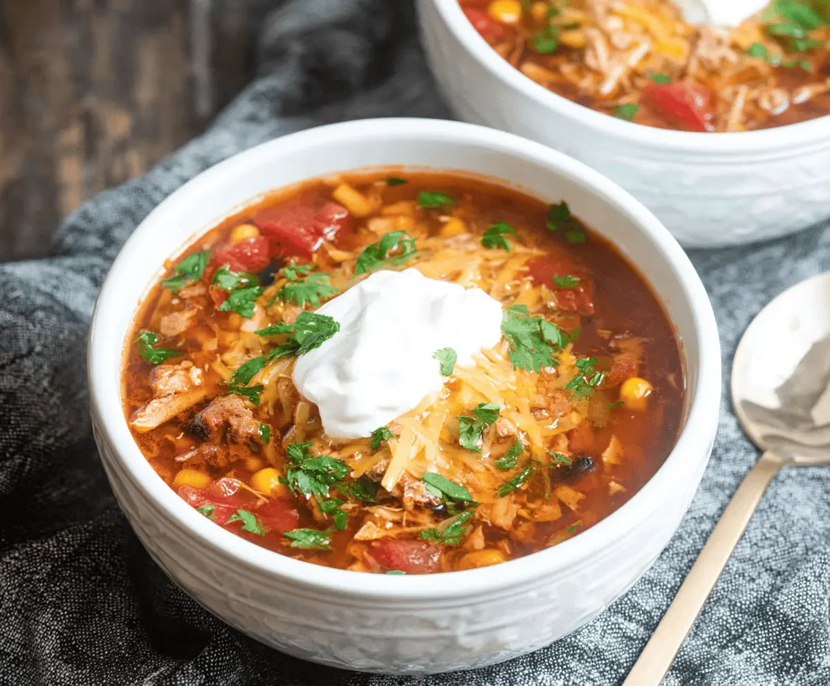 Creamy and flavorful Instant Pot Loaded Taco Soup with ground beef, beans, corn, and melted cheese served in a bowl