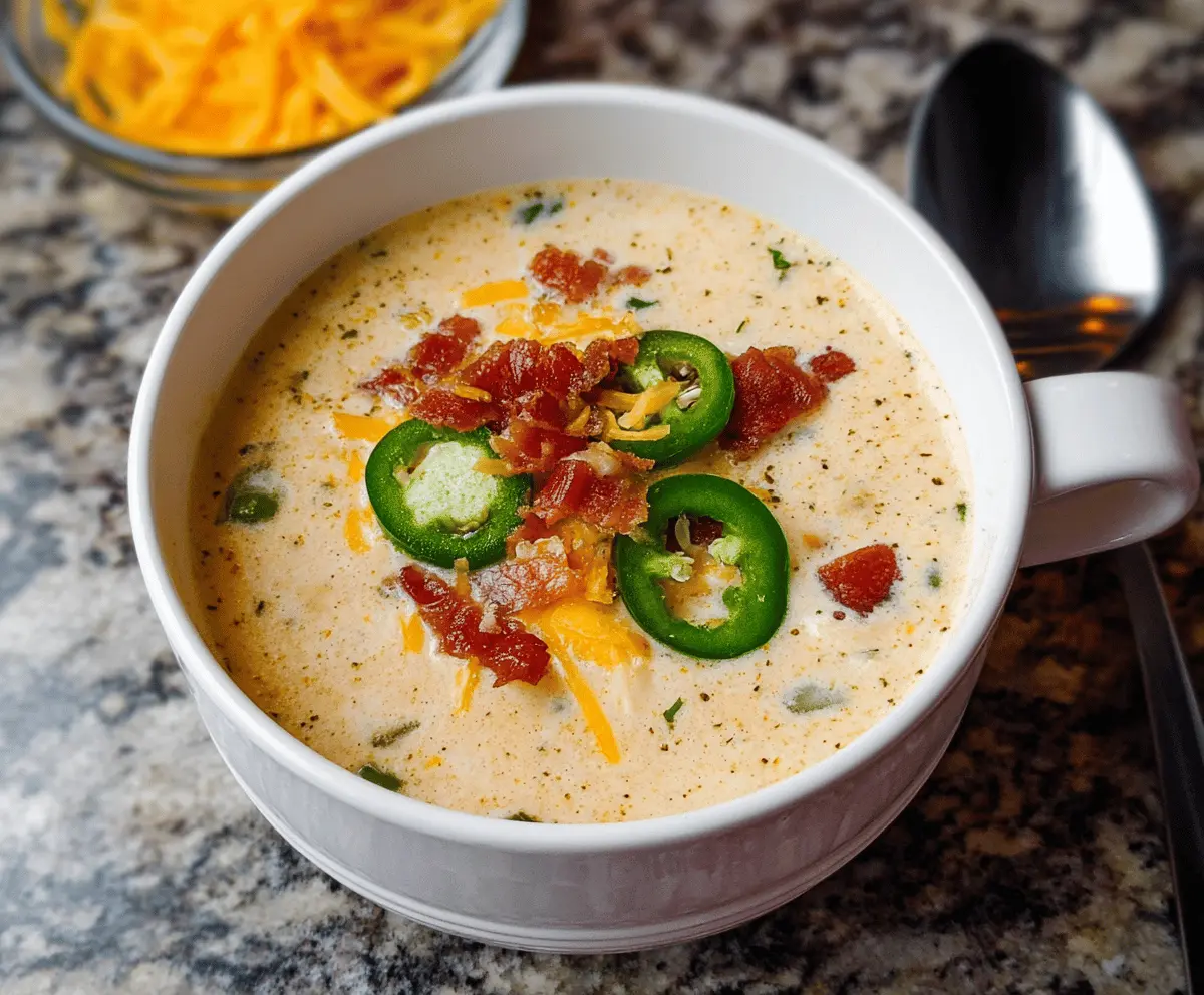 Creamy jalapeno popper soup garnished with shredded cheese, crispy bacon, and chopped green onions in a bowl on a wooden table