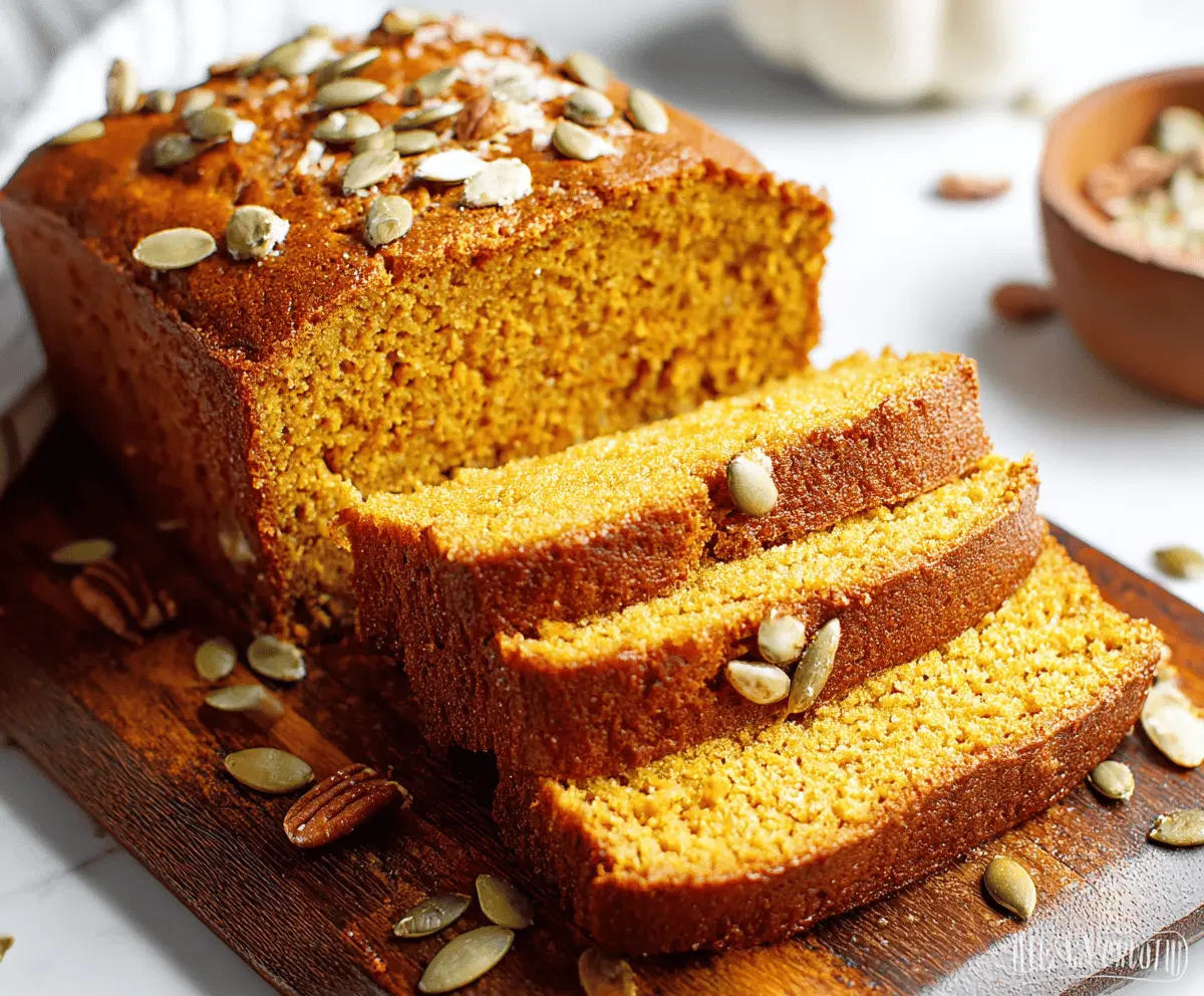 Delicious homemade keto pumpkin bread sliced and ready to serve, featuring moist texture and rich pumpkin flavor perfect for low-carb desserts