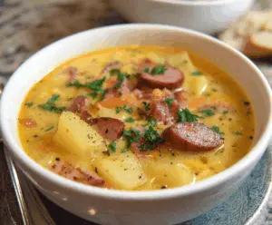 Creamy kielbasa and potato soup served in a bowl with fresh herbs, perfect for a comforting meal