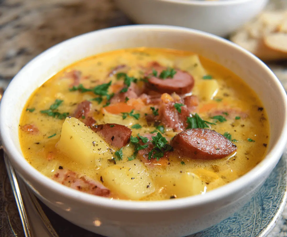 Creamy kielbasa and potato soup served in a bowl with fresh herbs, perfect for a comforting meal