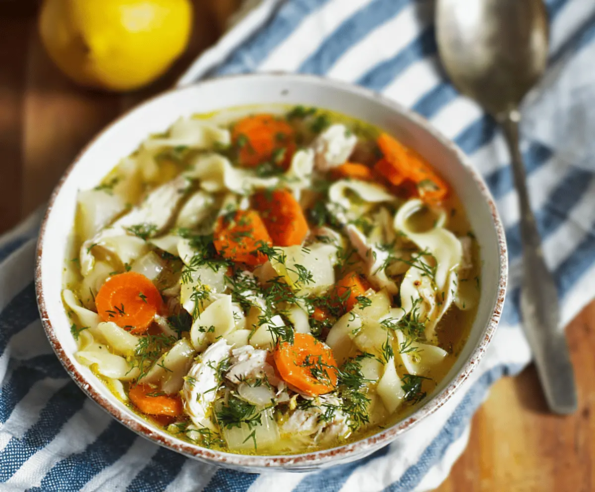 A bowl of Lemon Dill Chicken Noodle Soup garnished with fresh dill and lemon slices, featuring tender chicken, noodles, and vibrant herbs.