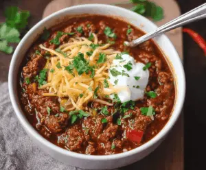 Delicious low-carb chili in a bowl with ground beef, beans, tomatoes, and spices, served with fresh cilantro and cheese on top.