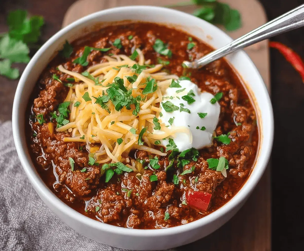 Delicious low-carb chili in a bowl with ground beef, beans, tomatoes, and spices, served with fresh cilantro and cheese on top.