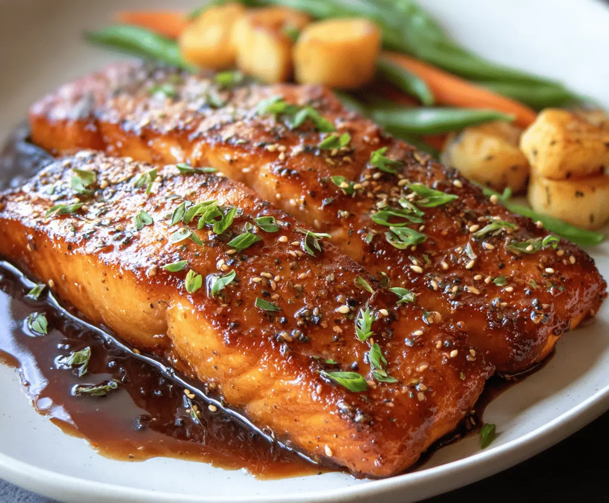 Delicious maple glazed salmon fillet topped with fresh herbs, served with lemon wedges on a white plate, perfect for a healthy dinner