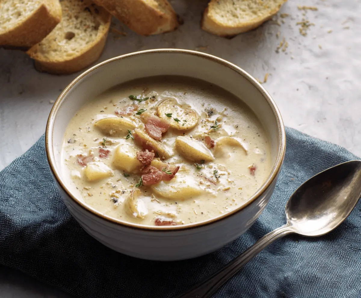 Creamy New England Clam Chowder in a bowl with fresh clams, potatoes, and herbs, served with a slice of bread on a rustic table.