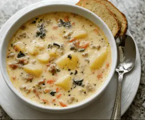 Creamy Olive Garden Potato Soup topped with shredded cheese, chopped green onions, and crispy bacon pieces in a bowl