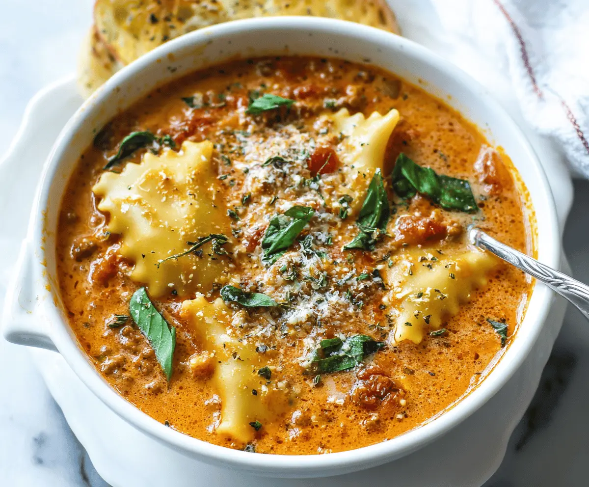 Creamy One-Pot Lasagna Soup in a bowl with melted cheese, fresh basil, and pasta, ready to serve
