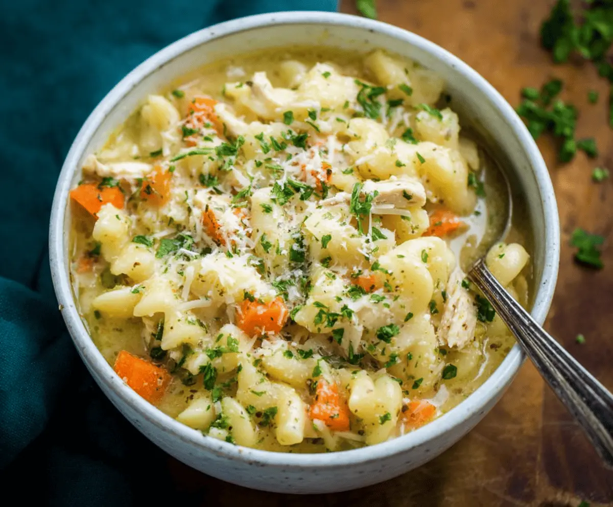 A steaming bowl of Parmesan Chicken Noodle Soup garnished with fresh herbs, showcasing tender chicken, egg noodles, and a rich, flavorful broth.