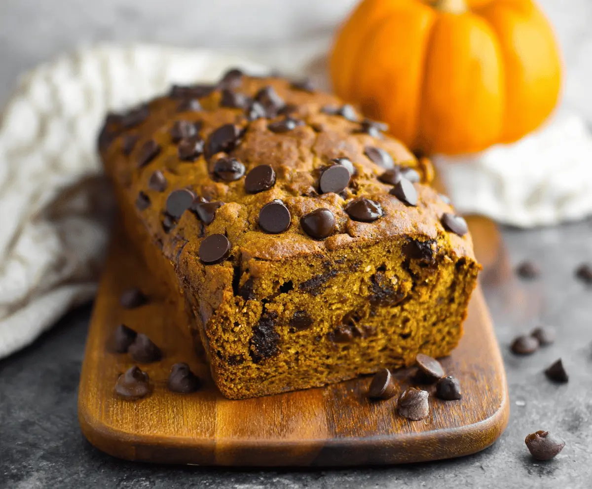 Delicious homemade pumpkin banana chocolate chip bread sliced and served on a plate, showcasing moist texture, rich chocolate chips, and fall flavors.