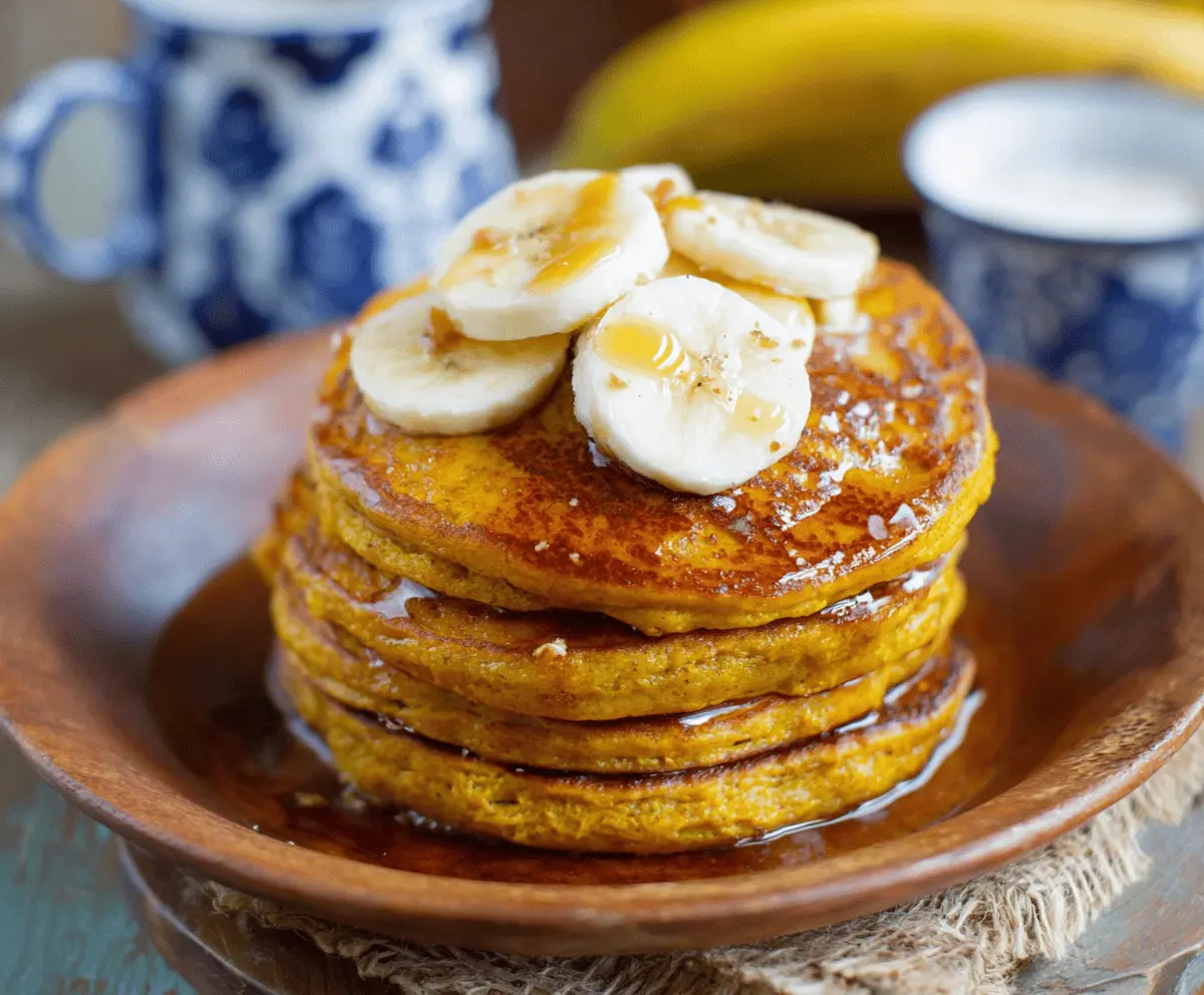 Fluffy pumpkin banana pancakes topped with cinnamon and maple syrup on a breakfast plate