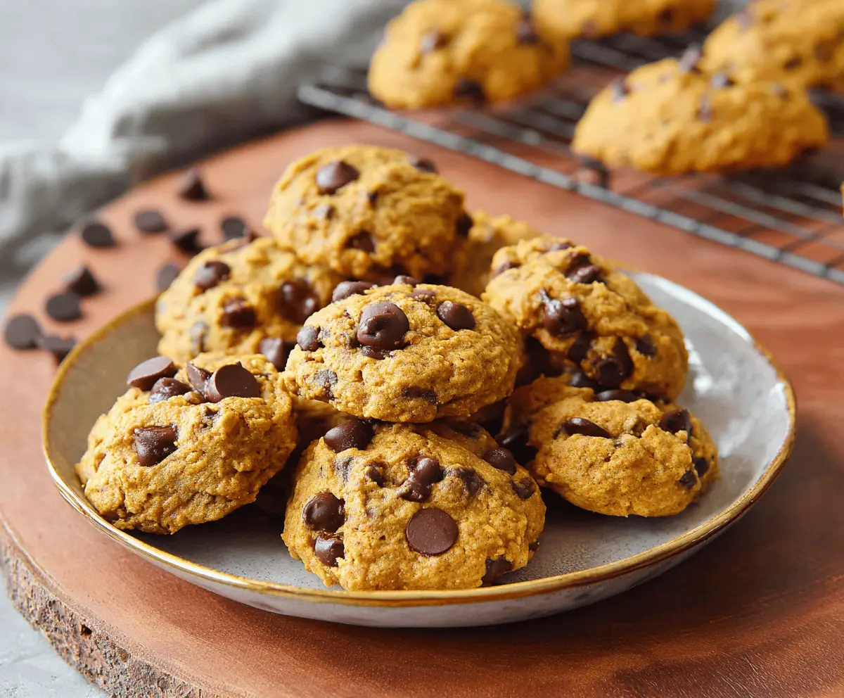 Delicious homemade pumpkin chocolate chip cookies on a baking sheet with chocolate chips and pumpkin puree, perfect for fall treats.