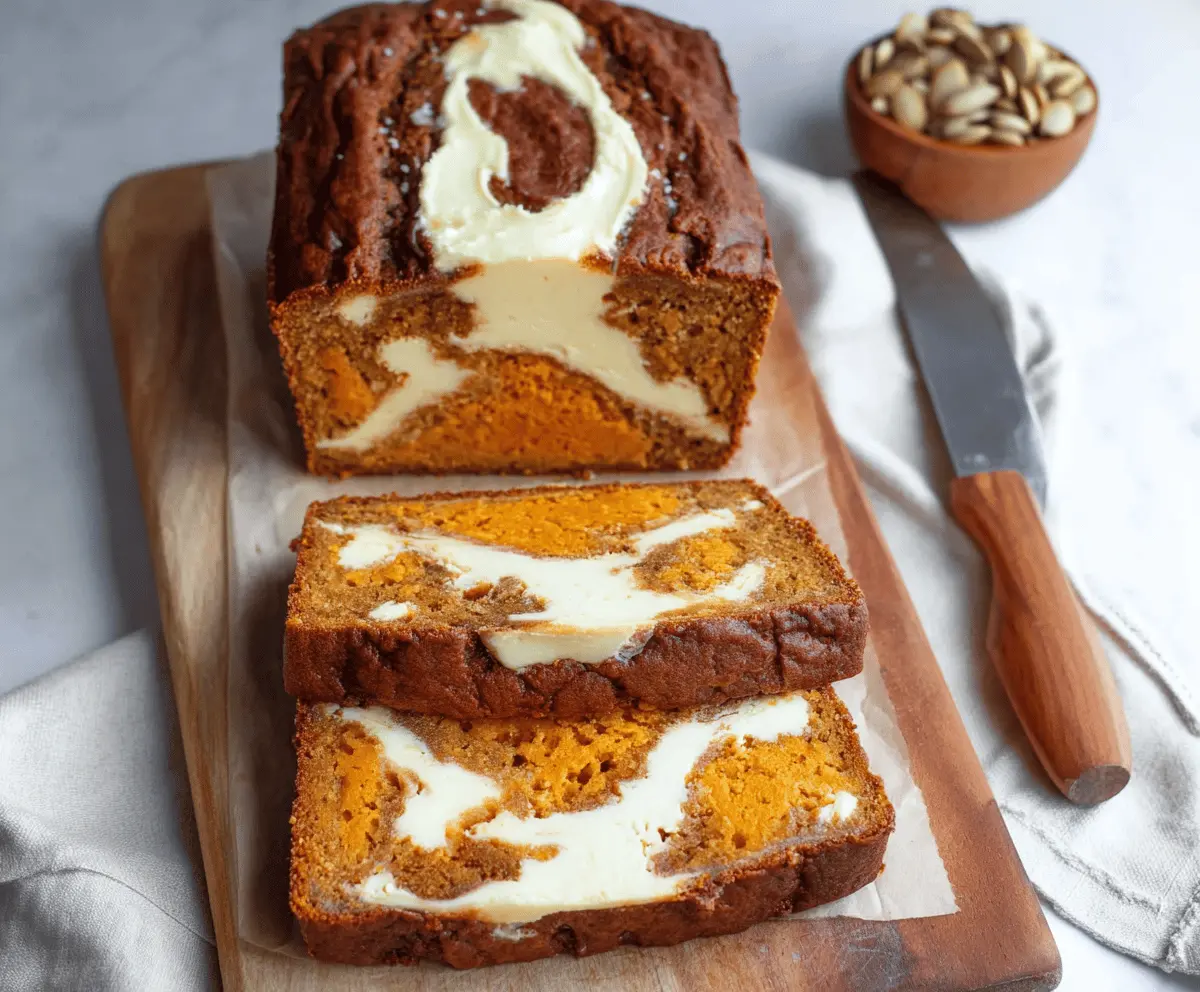 Freshly baked pumpkin cream cheese bread sliced to reveal a moist interior with swirls of cream cheese, perfect for fall desserts and breakfast