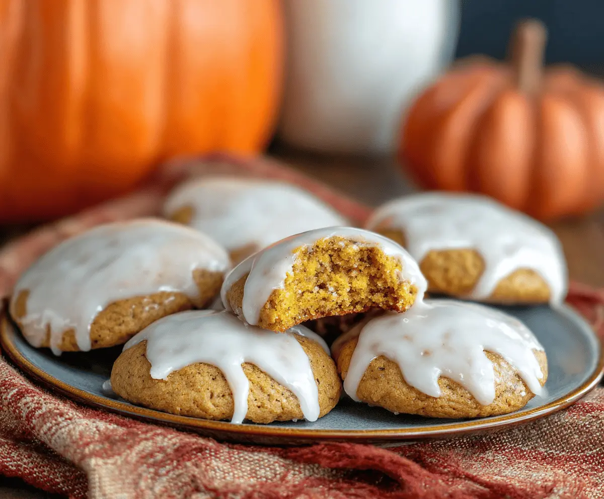 Delicious pumpkin glazed cookies with a shiny orange glaze and festive autumn decorations on a rustic plate.