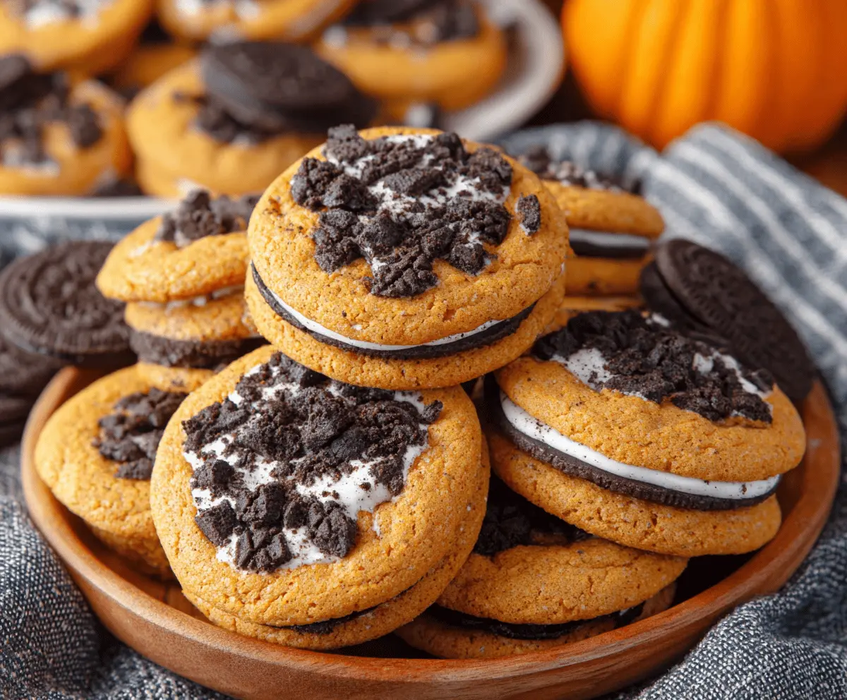 Delicious homemade Pumpkin Oreo Cookies with creamy pumpkin filling and chocolate cookie layers, perfect for fall desserts.