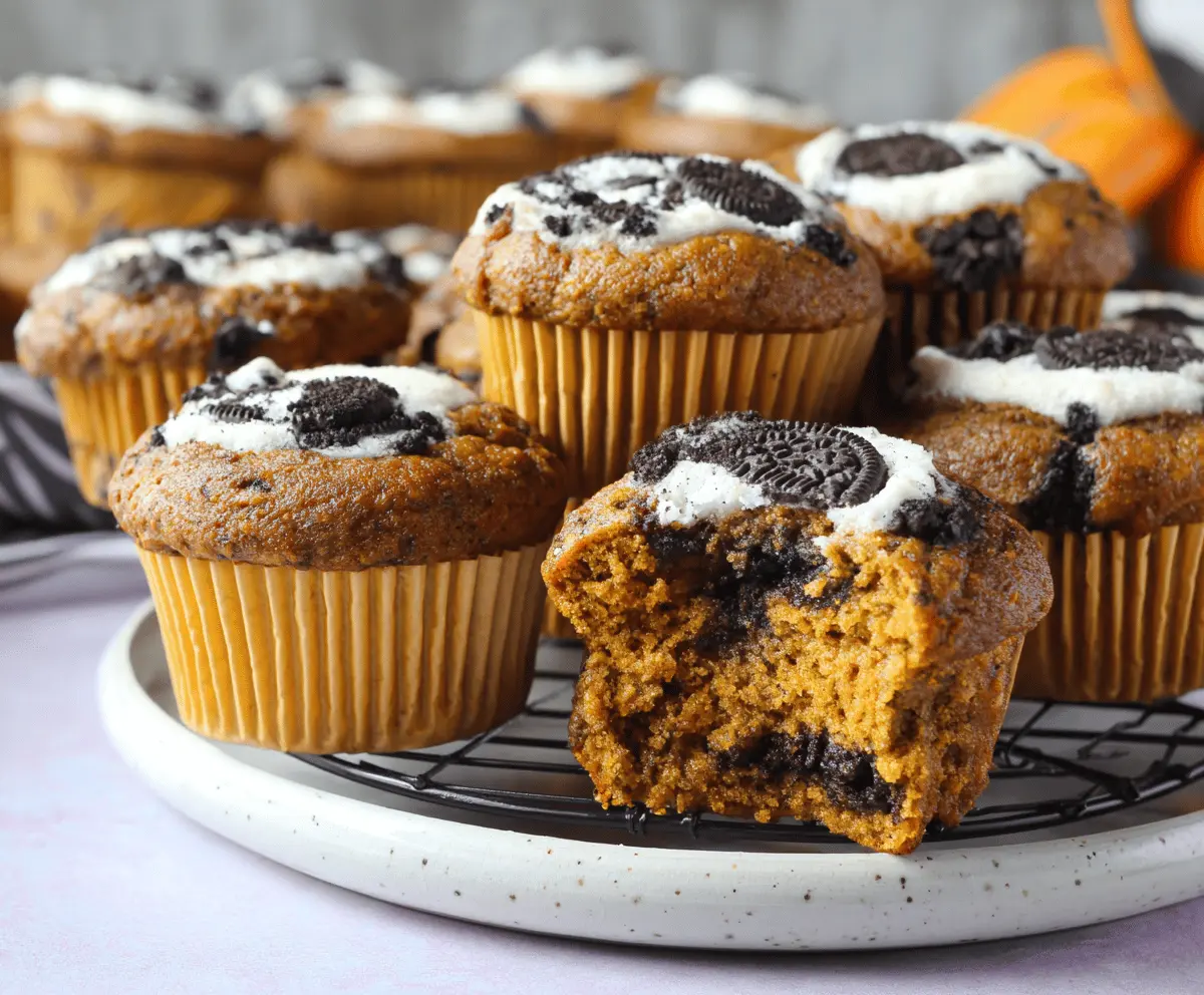 Delicious homemade pumpkin Oreo muffins topped with crushed Oreos and a sprinkle of cinnamon, perfect for fall baking.