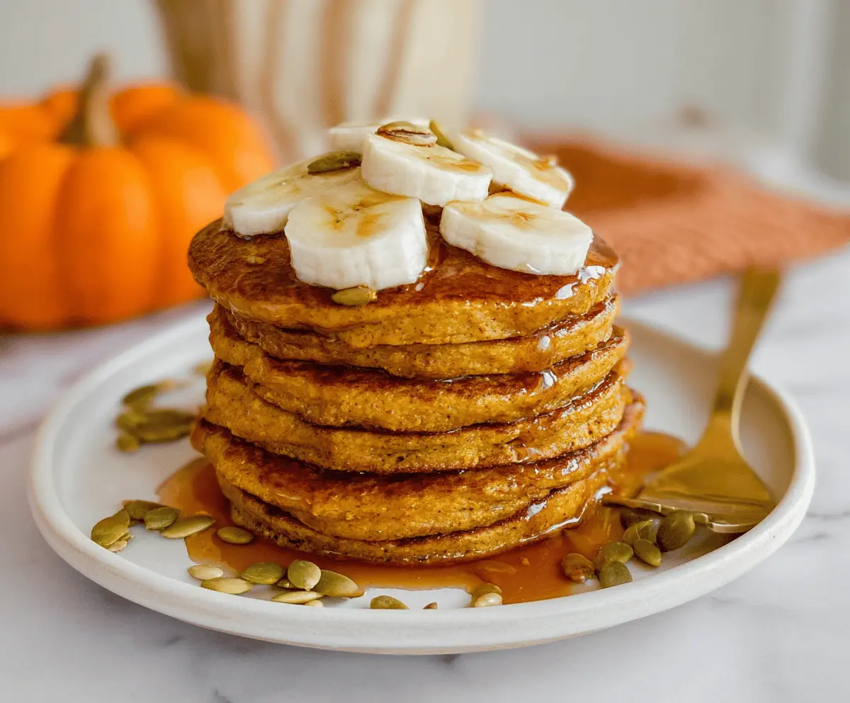 Fluffy pumpkin protein pancakes topped with cinnamon and whipped cream on a plate, perfect for a healthy breakfast