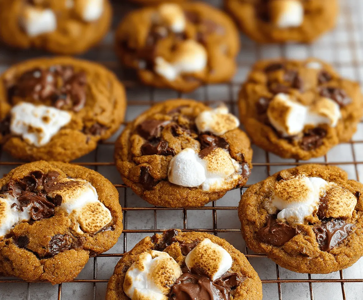 Delicious Pumpkin S'mores Cookies with graham crackers, melted chocolate, toasted marshmallows, and pumpkin spice on a rustic wooden background