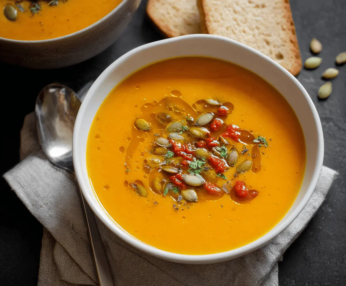 Creamy homemade pumpkin soup in a bowl garnished with fresh herbs, perfect for a cozy fall meal.