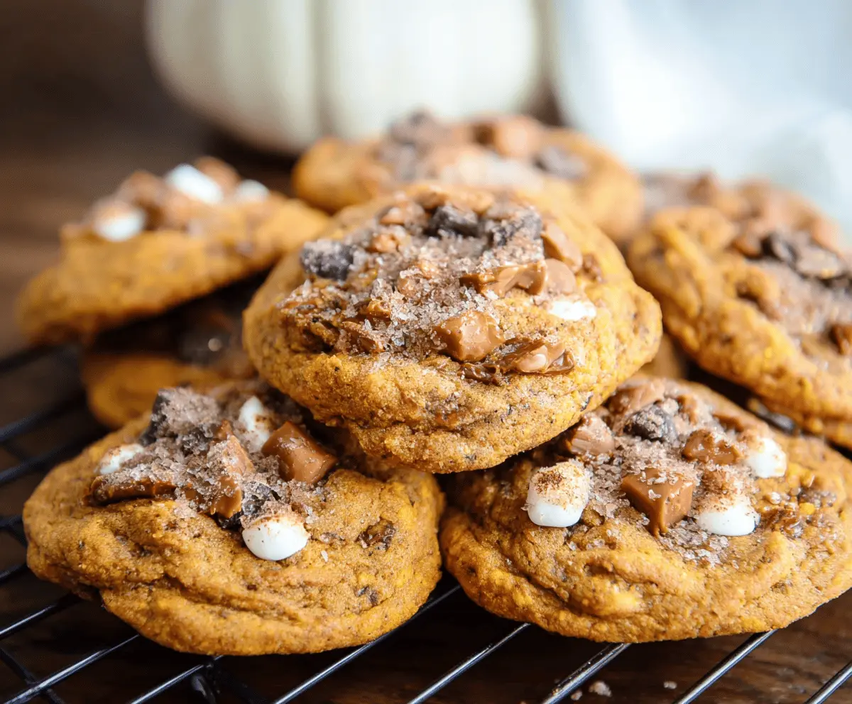 Delicious homemade Pumpkin Toffee Cookies with golden brown edges, topped with toasted toffee bits and a soft, chewy center, perfect for fall dessert.