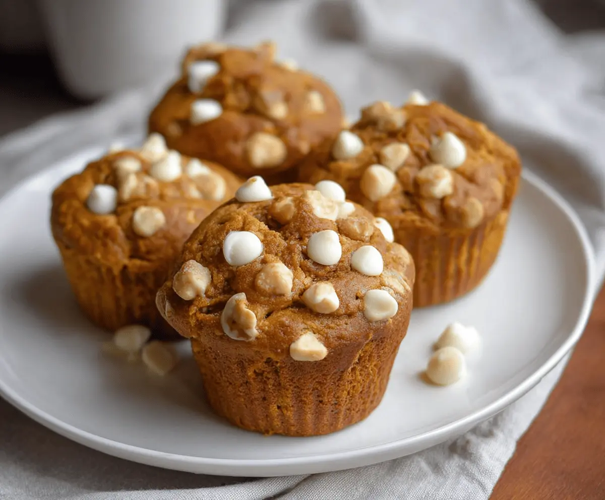 Delicious pumpkin white chocolate chip muffins topped with melted white chocolate chips on a rustic baking tray, perfect for fall breakfast or snack.