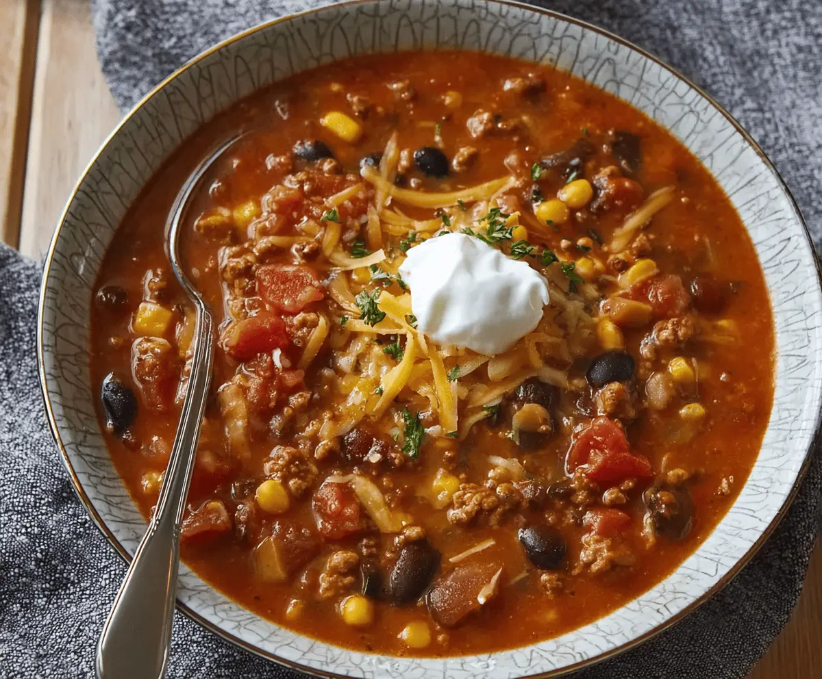 Creamy Ranch Taco Soup in a bowl garnished with fresh herbs and shredded cheese, served with tortilla chips