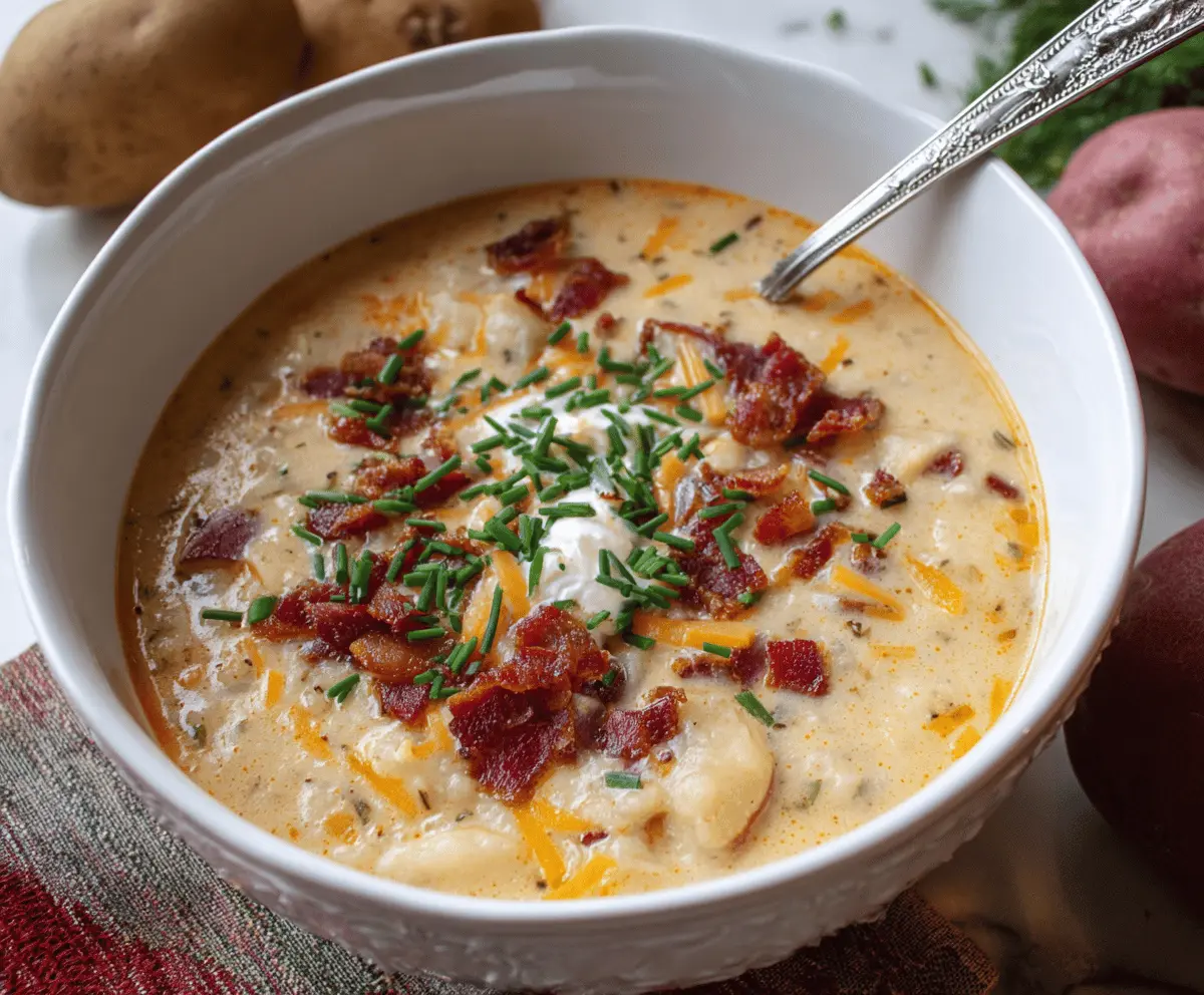 Creamy red potato soup garnished with fresh herbs in a rustic bowl, perfect for a cozy meal