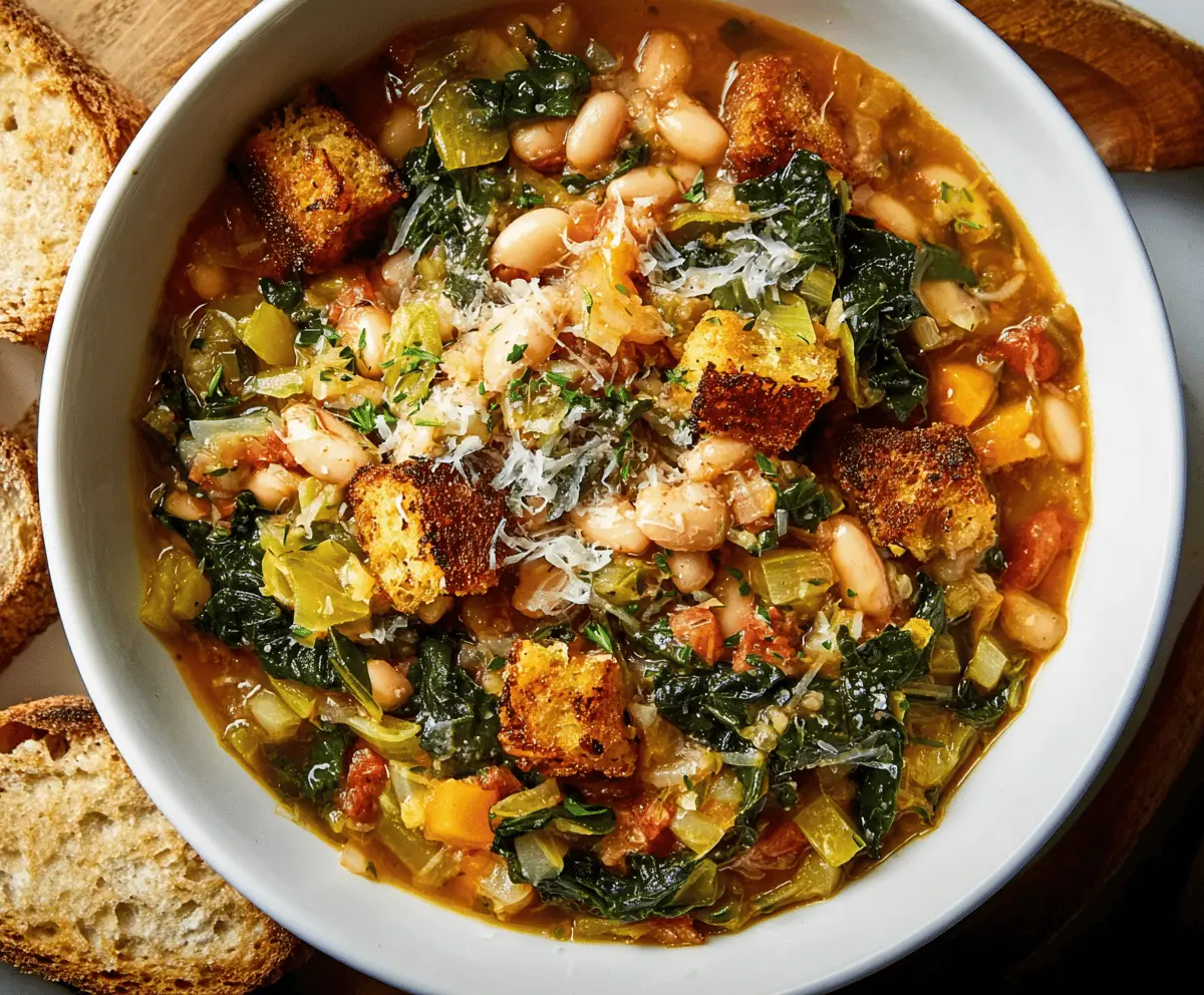 A bowl of hearty Ribollita soup featuring tuscan bread, kale, beans, and vegetables, served in a rustic bowl with fresh herbs.
