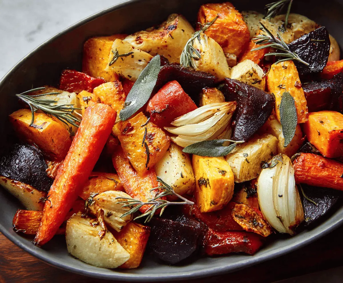 Colorful roasted root vegetables on a baking sheet, including carrots, parsnips, and sweet potatoes, seasoned and perfectly roasted for a healthy side dish.