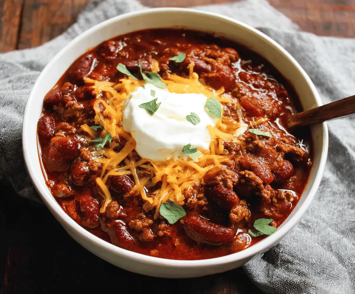 A delicious bowl of homemade slow cooker chili topped with shredded cheese, fresh cilantro, and diced onions, served with a side of cornbread.