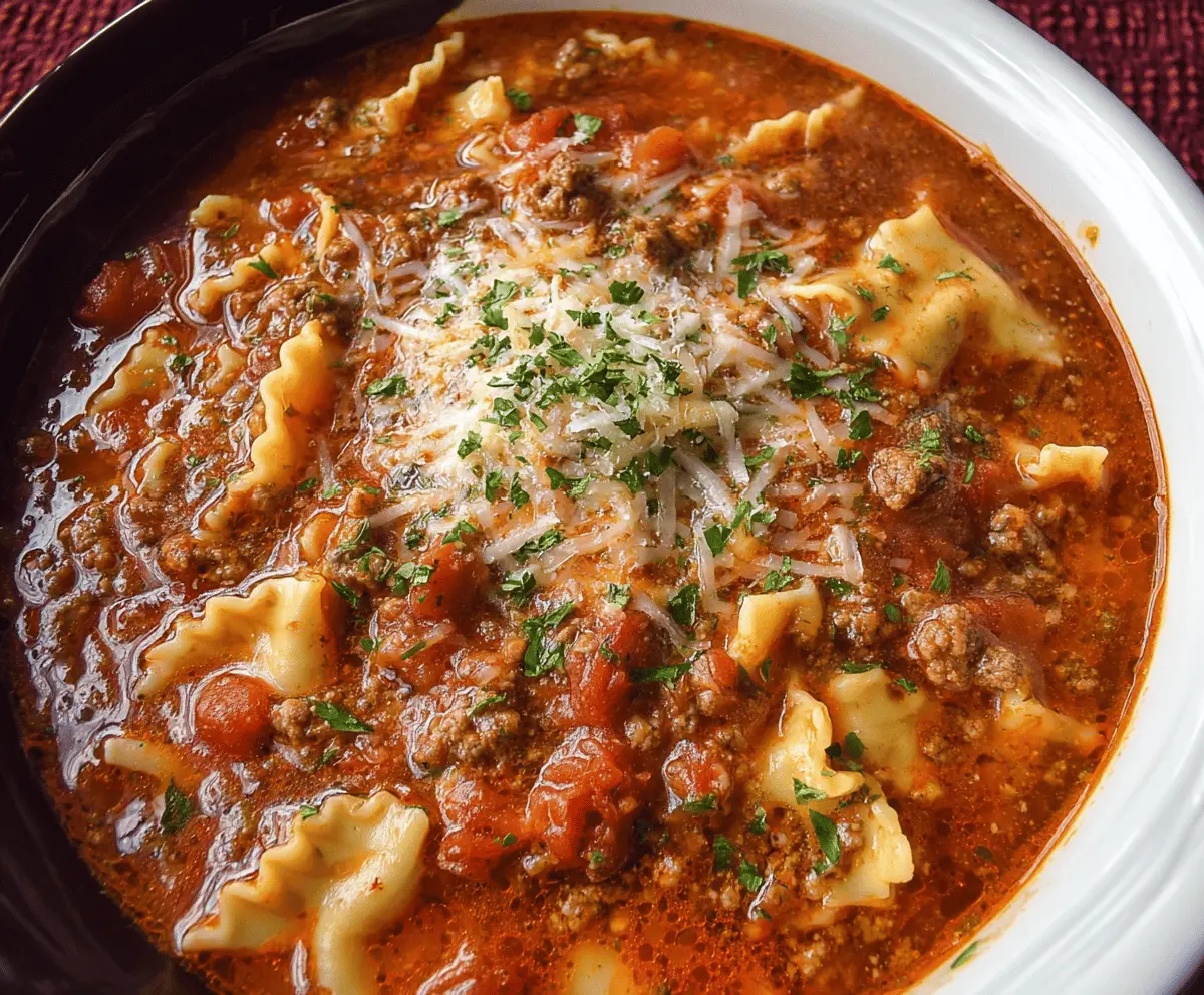 Creamy and hearty Slow Cooker Ground Beef Lasagna Soup with melted cheese, pasta, and fresh herbs in a comforting bowl