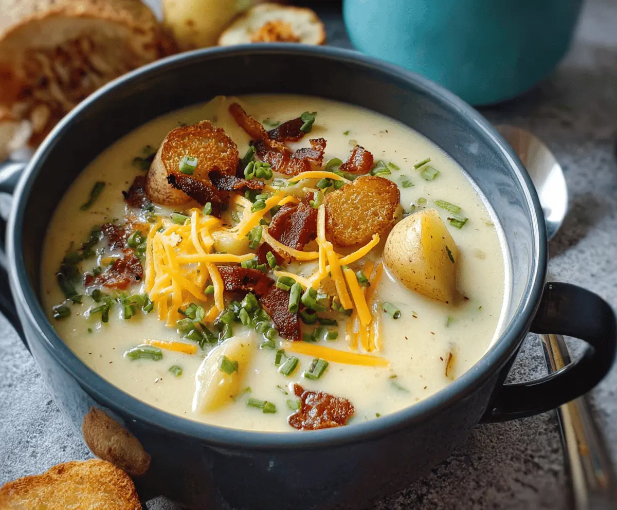 Creamy stovetop potato soup in a bowl garnished with chopped herbs, served with a slice of bread on a rustic wooden table.