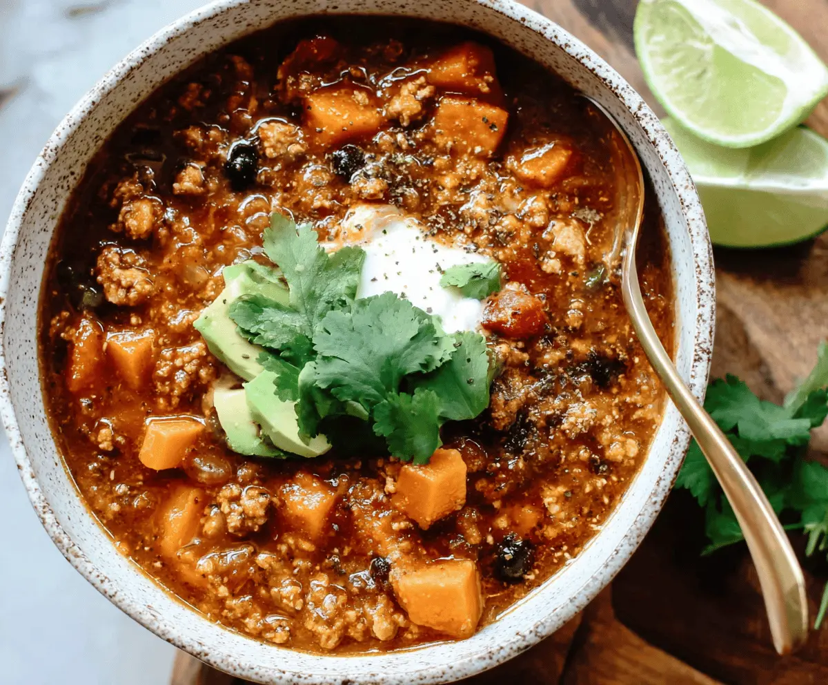 Hearty sweet potato and ground turkey chili in a bowl, garnished with fresh herbs and diced vegetables.