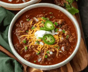 A bowl of hearty Texas Chili topped with shredded cheese, diced onions, and fresh cilantro, served alongside cornbread slices on a rustic wooden table.