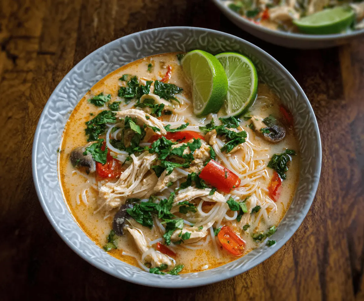 A bowl of Thai Chicken Noodle Soup garnished with fresh herbs, lime wedges, and sliced vegetables, featuring tender chicken and rice noodles in a flavorful broth.