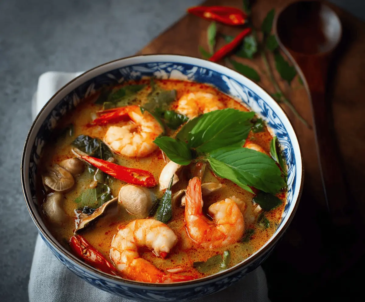 A steaming bowl of Thai Tom Yum Soup with shrimp, mushrooms, lemongrass, and fresh herbs in a flavorful, spicy broth.