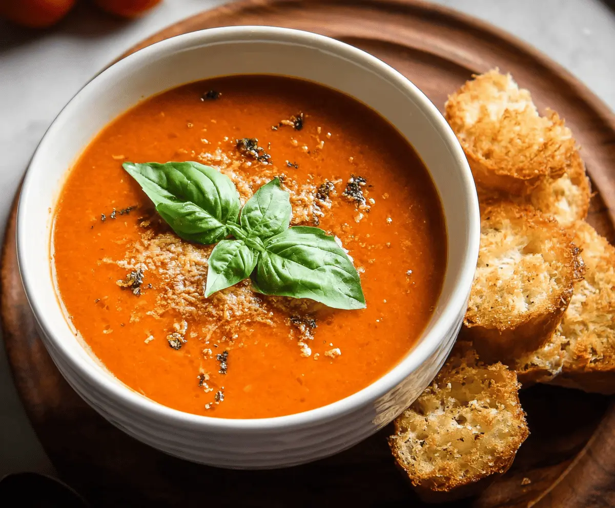 A bowl of steaming tomato basil soup garnished with fresh basil leaves, served with crusty bread on a rustic wooden table.