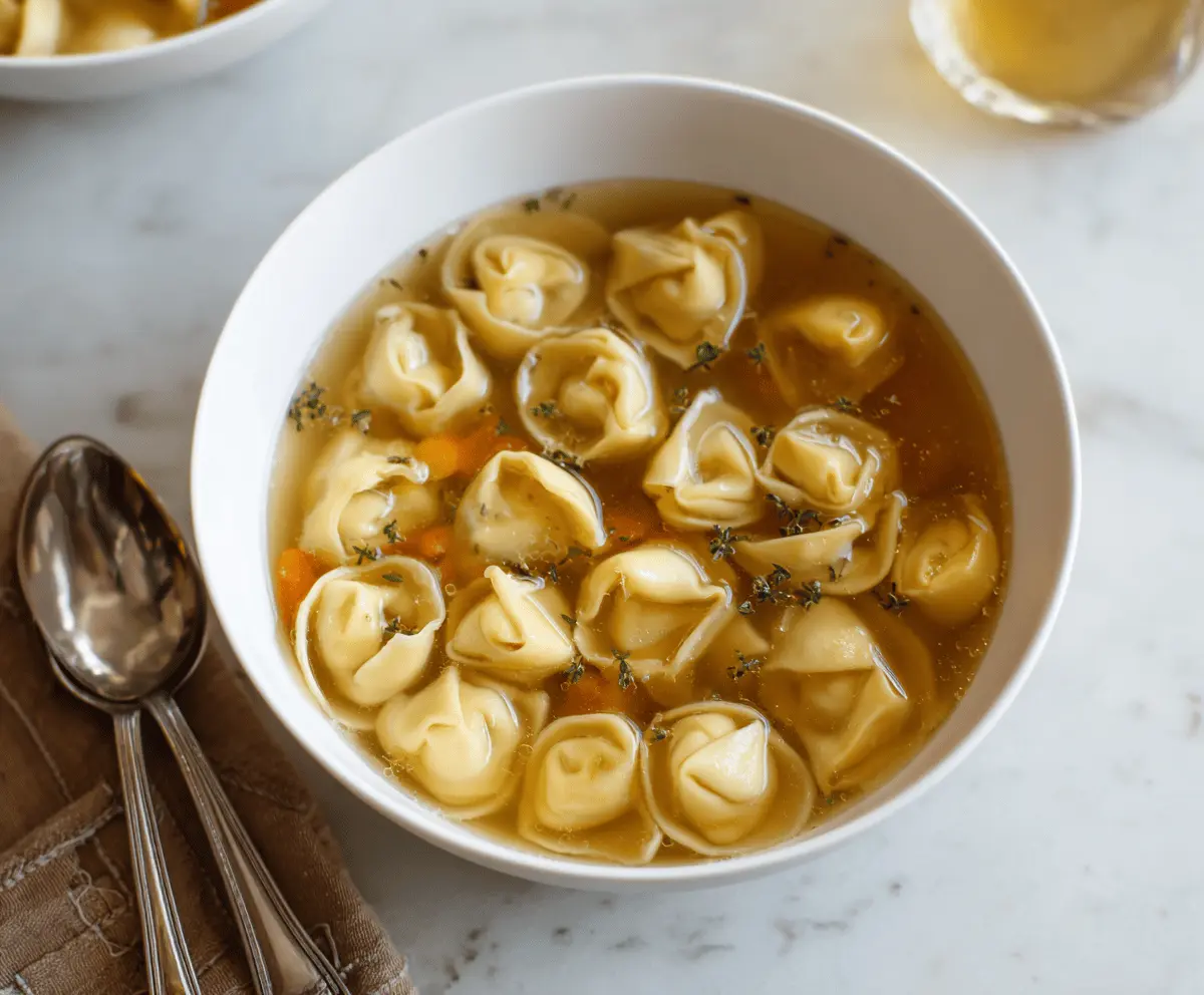 A bowl of warm tortellini en brodo featuring tender pasta-filled tortellini served in a flavorful savory broth, garnished with fresh herbs.