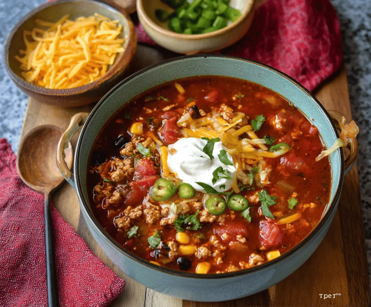Hearty turkey taco soup in a bowl with diced tomatoes, black beans, corn, and seasoned ground turkey garnished with cilantro and shredded cheese.
