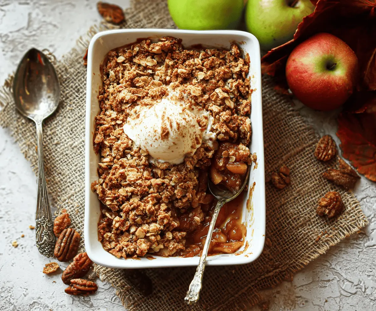 Delicious vegan apple crisp topped with cinnamon and oats, served in a rustic bowl on a wooden table