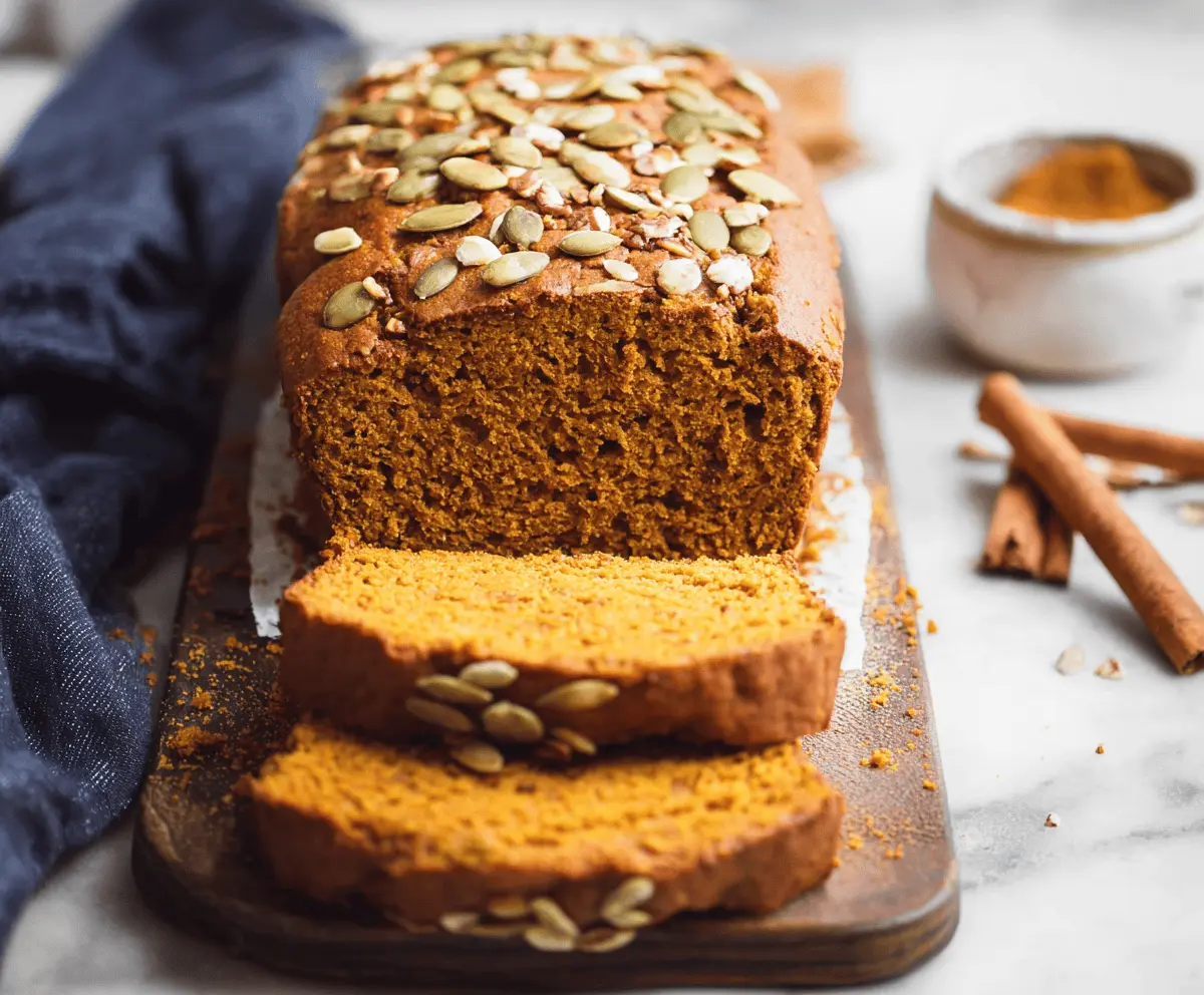 Delicious homemade vegan pumpkin bread sliced and ready to serve, featuring a moist texture and warm autumn spices.