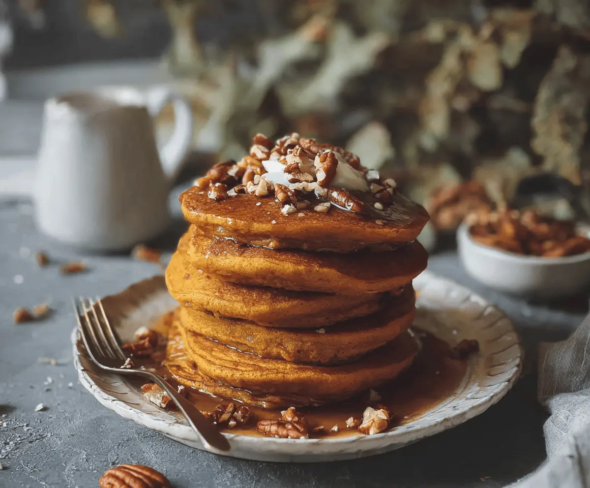 Delicious vegan pumpkin pancakes topped with maple syrup and fresh pumpkin seeds, served on a rustic plate for a cozy breakfast.