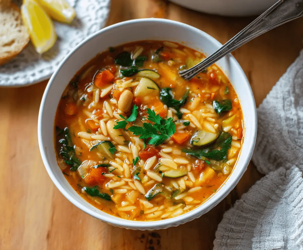 A steaming bowl of Vegetable Orzo Soup featuring colorful vegetables and tender orzo pasta, perfect for a hearty and healthy meal.